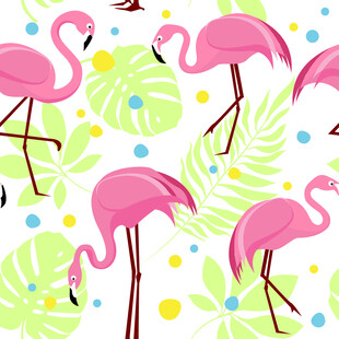火烈鸟与热带叶的清新图案数码印