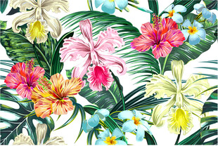 热带花卉与绿叶图案数码印花