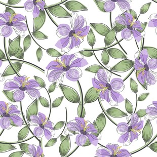 紫色花卉绿叶无缝图案数码印花