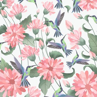 水彩花卉与蜂鸟图案数码印花