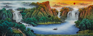 国画流水生财山水画