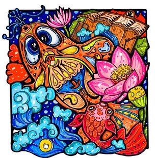 年年有余中式鲤鱼莲花图案插画