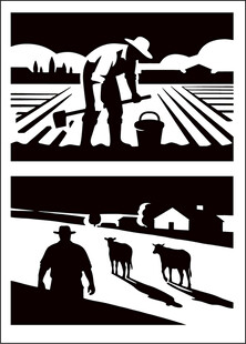 田园劳作场景黑白插画