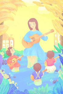 老师弹吉他与孩子互动插画