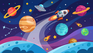 梦幻宇宙卡通星球太空火箭背景墙