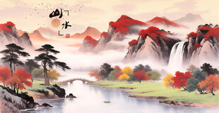 秋日山水国画意境图