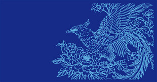 蓝色凤凰牡丹刺绣图案设计