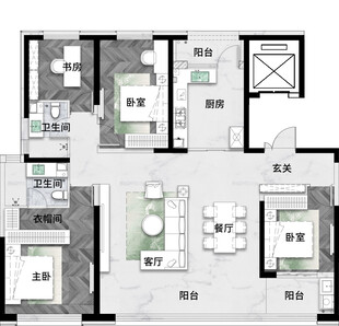 现代简约三室户型平面图