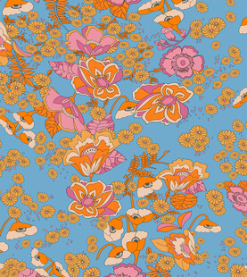 蓝色底花卉飞鸟图案布料