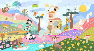 梦幻手绘动物卡通花丛儿童背景墙