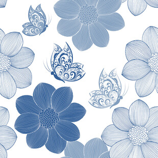 蓝白花卉蝴蝶图案背景