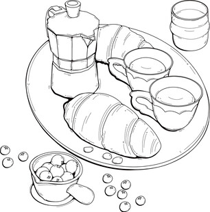 早餐静物线描图 矢量图