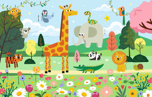 可爱动物乐园卡通花朵儿童背景墙