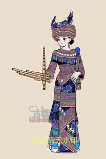 云南苗族手持芦笙身着盛装卡通