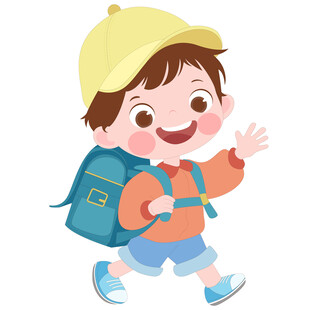 卡通戴帽子背书包去上学的男孩
