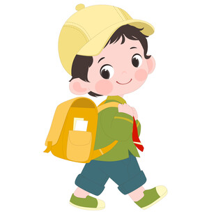 卡通背书包戴帽子去上学的男孩