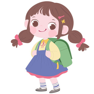 卡通扎马尾辫背书包去上学的女孩