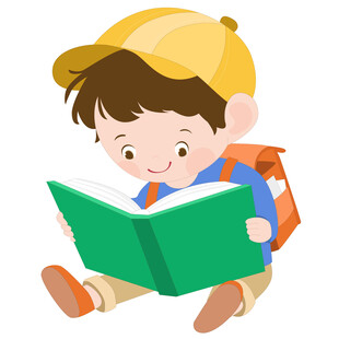 卡通风背着书包认真看书阅读男孩