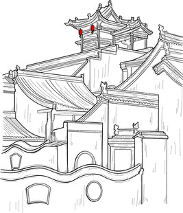 中式古建筑线稿图 矢量图