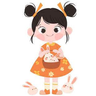 卡通可爱女孩抱着小兔子毛绒玩具