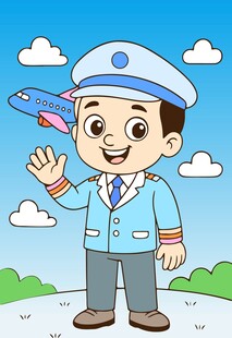 卡通手绘蓝天白云飞机机长插画