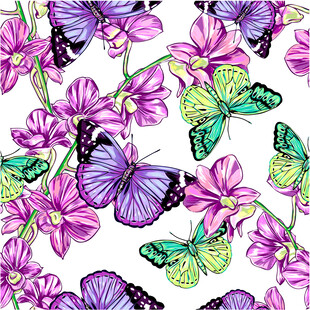 蝴蝶与紫花的梦幻图案数码印花