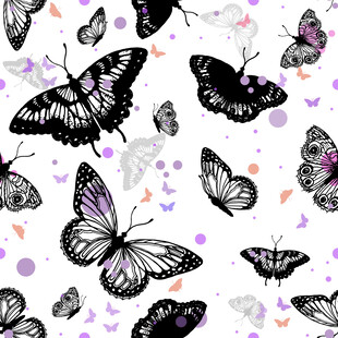黑白蝴蝶梦幻图案背景数码印花
