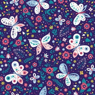 梦幻蝴蝶花卉图案背景数码印花