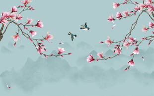 新中式玉兰花鸟背景墙装饰画