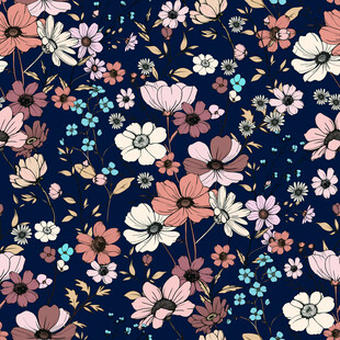 深蓝色底多彩花卉图案