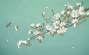 新中式工笔花鸟白玉兰背景墙