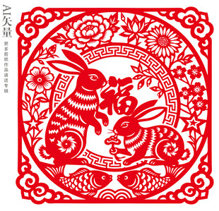 兔年剪纸福字双兔窗花