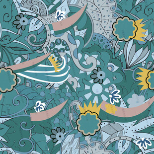 蓝绿色调花卉植物图案