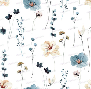 蓝白花卉水彩无缝图案