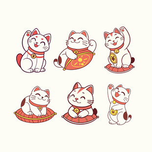 矢量小猫招财猫手绘卡通插画