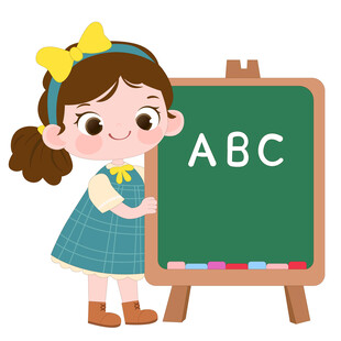 卡通英语课黑板上写英文字母女孩