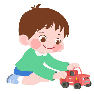 卡通风男孩玩红色卡车玩具车插画