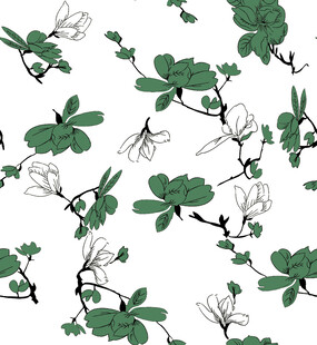 玉兰花绿叶无缝矢量图案