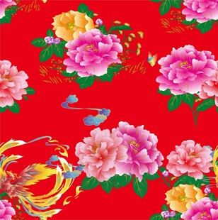 喜庆红底牡丹凤凰图案