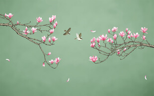 新中式工笔花鸟手绘玉兰花背景墙