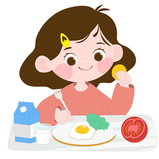 女孩吃早餐鸡蛋牛奶番茄儿童插画