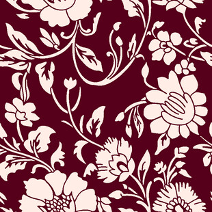 深红底白色花卉图案