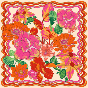 复古花卉图案方形丝巾