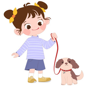 丸子头蝴蝶结小女孩遛狗萌娃童趣