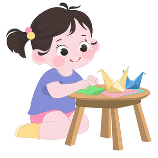 坐着叠彩色千纸鹤动手创作插画