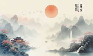 旭日东升禅意山水画背景墙