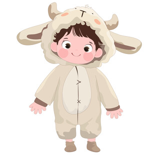 女孩穿卡通玩偶服小绵羊睡衣插画