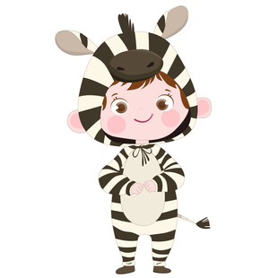 男孩穿卡通玩偶服斑马睡衣插画