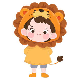 男孩穿卡通玩偶服狮子睡衣插画