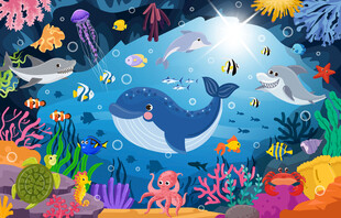 海底洞穴卡通鲸鱼鲨鱼珊瑚背景墙